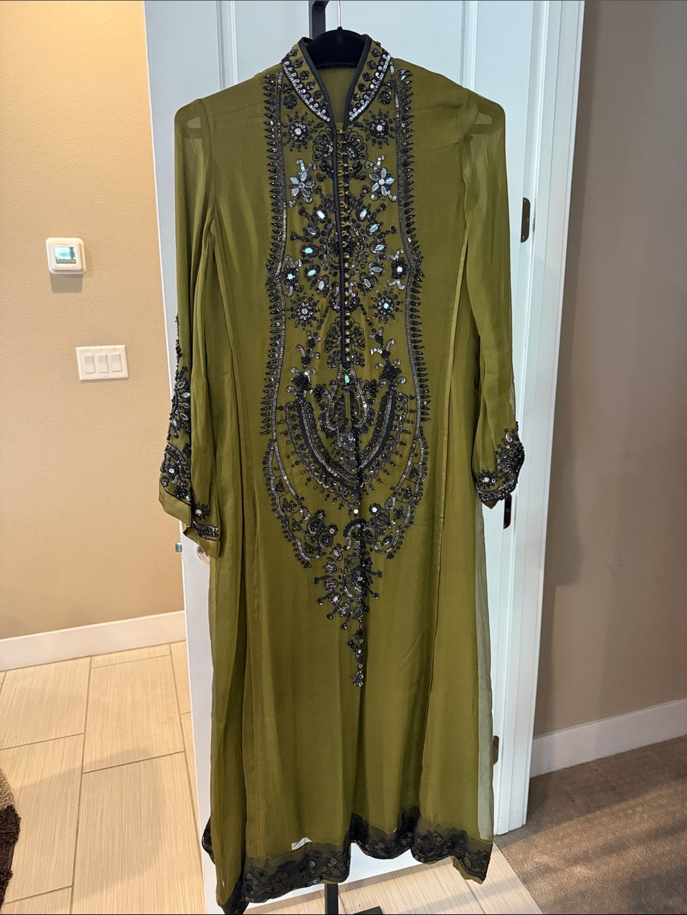Olive Green Embellished Long Sleeve Maxi Dress